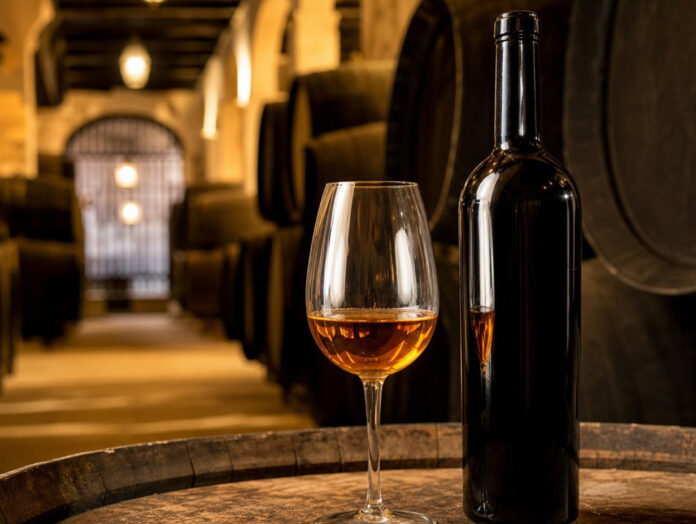 Glas Sherry mit Flasche Ein Glas bernsteinfarbener Sherry neben der Flasche in einer spanischen Bodega