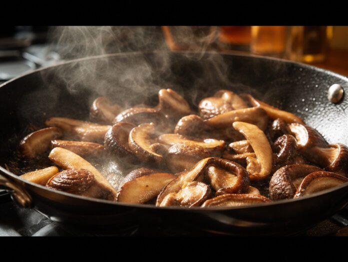 Gebratene Shiitake-Pilze in einer heißen Pfanne mit goldbrauner Röstung