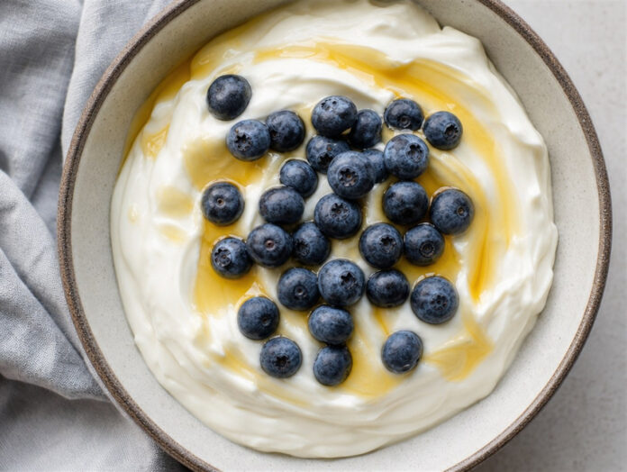 Skyr mit Blaubeeren Schale mit cremigem Skyr, Blaubeeren und Honig