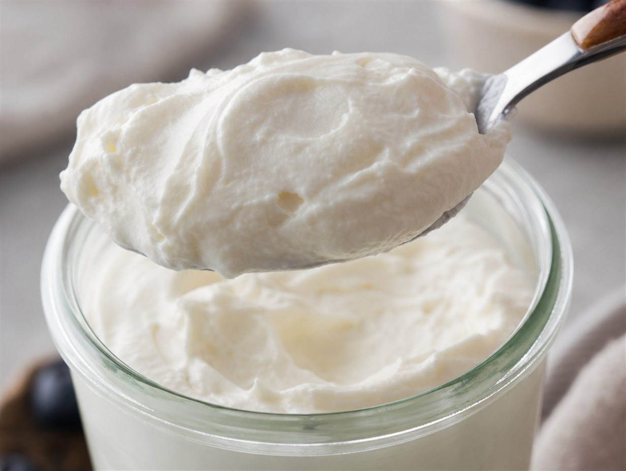 Löffel hebt cremigen Skyr aus einem Glas