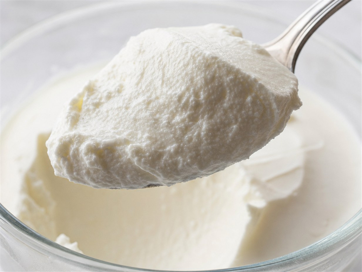 Löffel hebt eine Portion dickflüssigen Skyr aus einer Schale, die dichte cremige Textur ist gut sichtbar