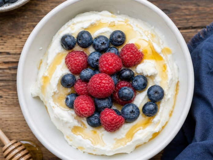 Skyr mit Beeren und Honig in einer Schale