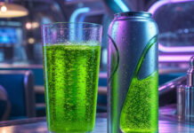 Slurm (Futurama) – gibt’s das wirklich? Glas mit leuchtend grüner Limonade in futuristischer Diner-Szene, Symbolbild für Slurm aus Futurama