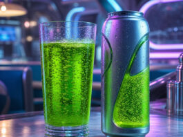 Slurm (Futurama) – gibt’s das wirklich? Glas mit leuchtend grüner Limonade in futuristischer Diner-Szene, Symbolbild für Slurm aus Futurama