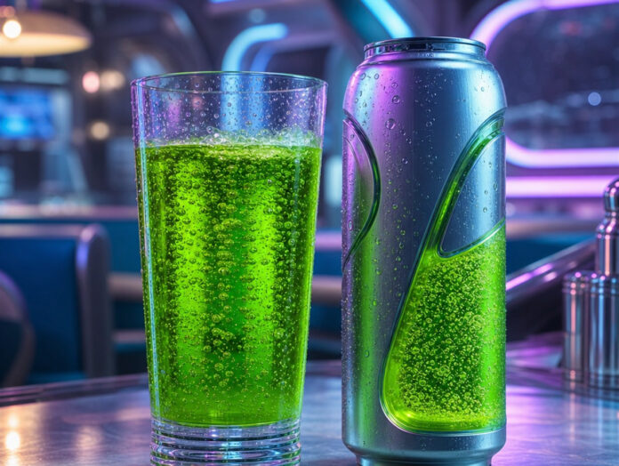 Slurm – das grüne Kultgetränk aus Futurama Glas mit leuchtend grüner Limonade in futuristischer Diner-Szene, Symbolbild für Slurm aus Futurama