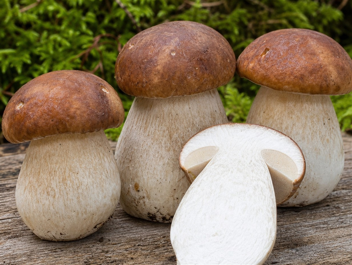 Frische Steinpilze mit dickem Stiel und braunem Hut auf einem Holzbrett