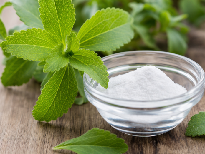 Frische Stevia-Blätter und Stevia-Süßstoffpulver Frische grüne Stevia-Blätter neben einer Schale mit weißem Stevia-Süßstoffpulver