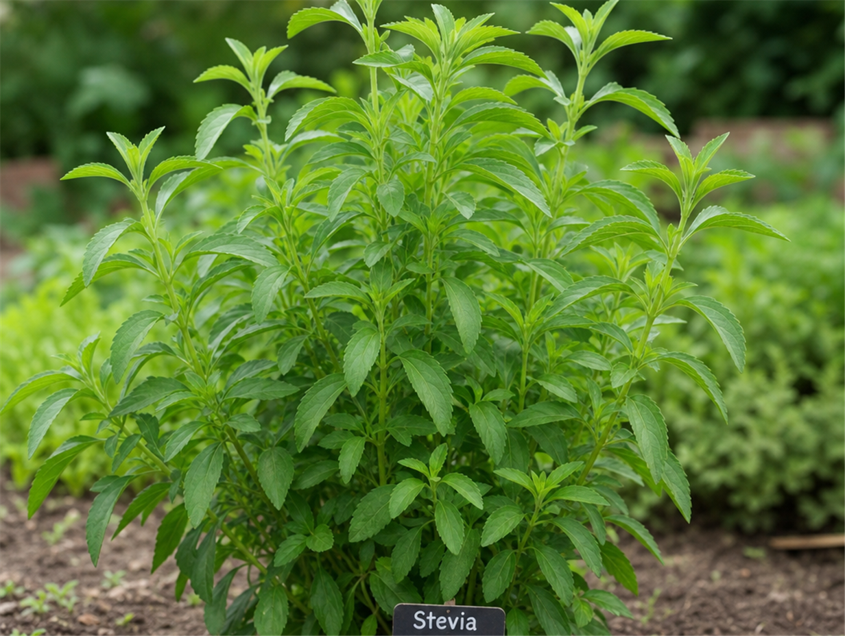 Wachsende Stevia-Pflanze mit grünen, gezackten Blättern im Beet, Schild mit Beschriftung Stevia rebaudiana