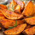 Geröstete Süßkartoffelspalten mit karamellisierten Rändern und sichtbarem orangem Fruchtfleisch