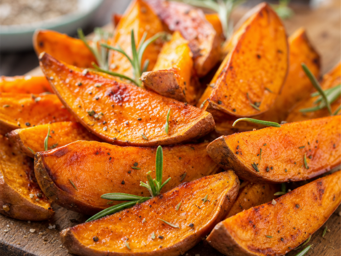 Geröstete Süßkartoffelspalten Geröstete Süßkartoffelspalten mit karamellisierten Rändern und sichtbarem orangem Fruchtfleisch