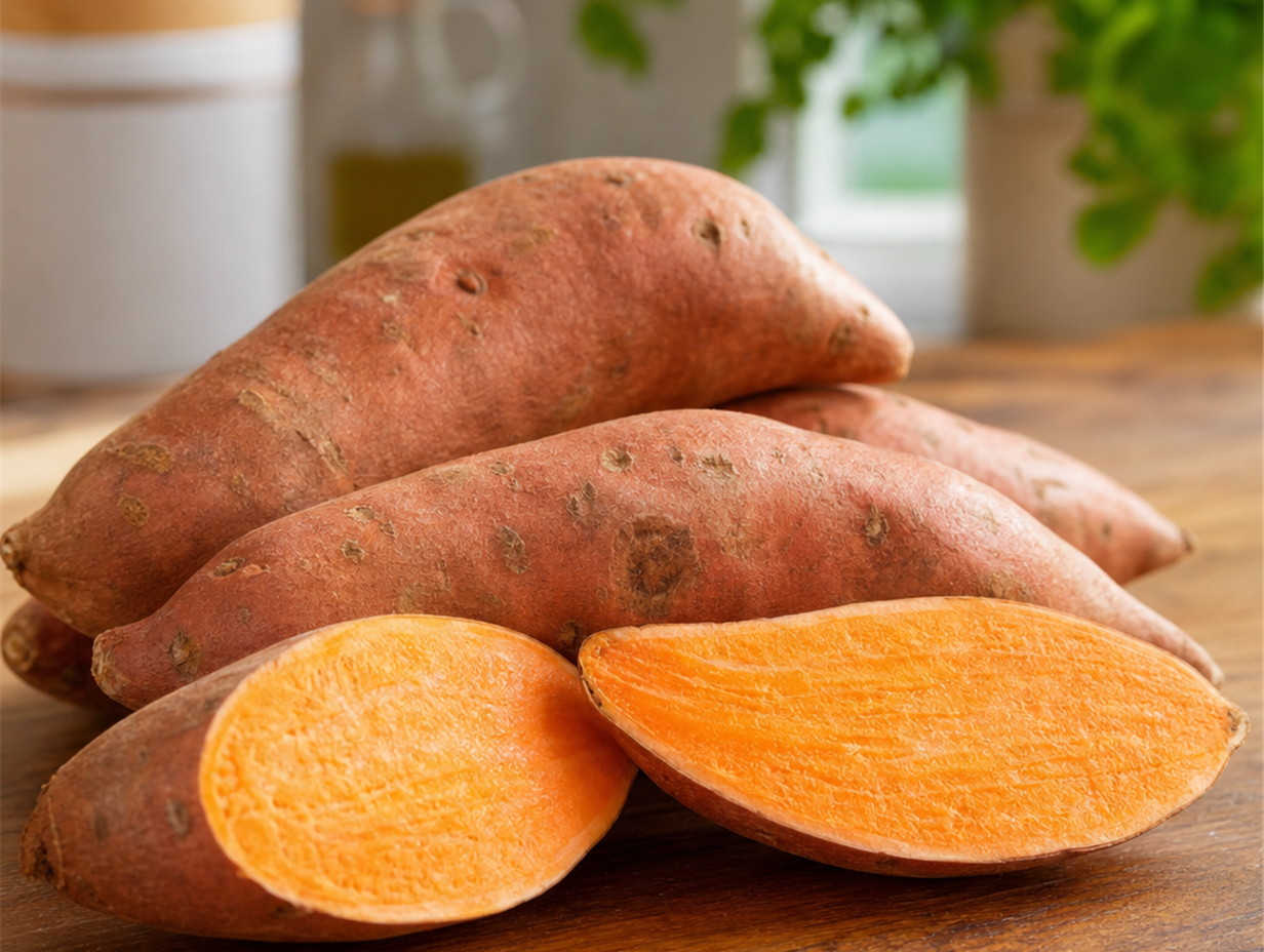 Rohe Süßkartoffeln, teilweise aufgeschnitten mit sichtbarem orangem Fruchtfleisch