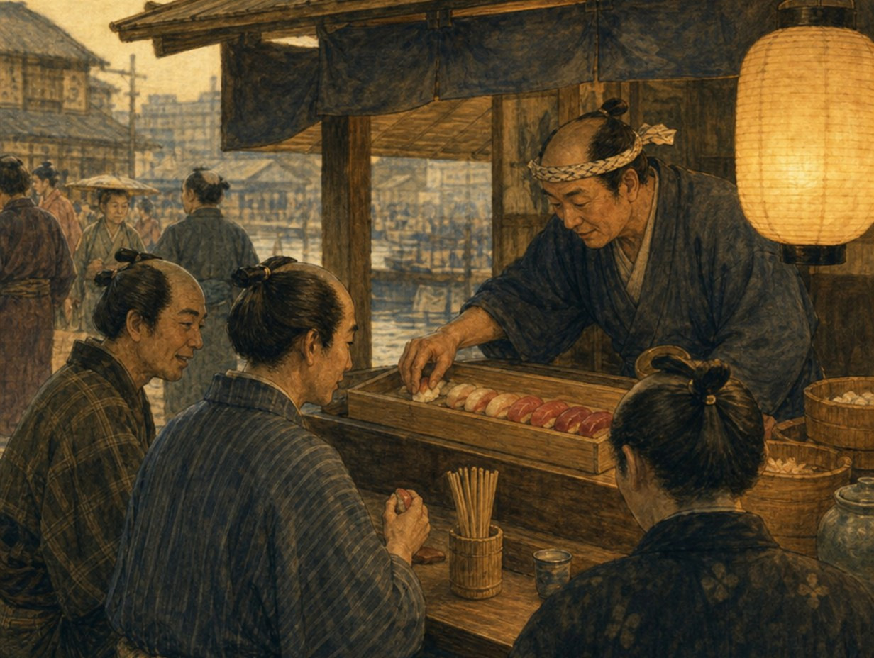 Historisch anmutende Illustration eines Sushi-Straßenstands aus der Edo-Zeit