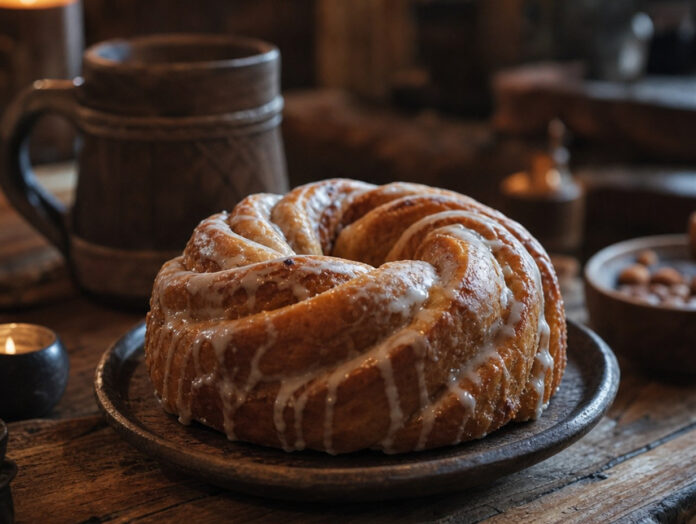 Sweetroll – das Süßgebäck aus Skyrim Glasiertes Süßgebäck auf einem rustikalen Holztisch in mittelalterlicher Tavernenatmosphäre, Symbolbild für den Sweetroll aus Skyrim