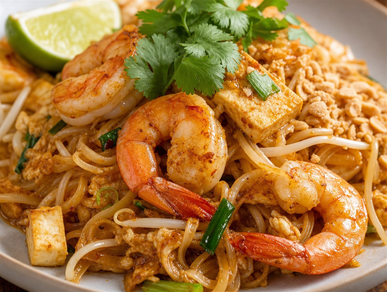 Pad Thai auf einem Teller, die Reisnudeln glänzen von der süß-sauren Tamarindensauce
