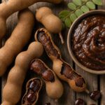 Frische Tamarindenschoten, teils aufgebrochen, neben einer Schale mit dunkelbrauner Tamarindenpaste