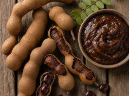 Frische Tamarindenschoten, teils aufgebrochen, neben einer Schale mit dunkelbrauner Tamarindenpaste