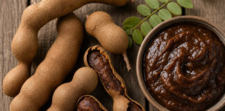 Wie schmeckt Tamarinde? Frische Tamarindenschoten, teils aufgebrochen, neben einer Schale mit dunkelbrauner Tamarindenpaste