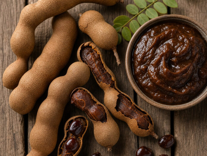 Frische Tamarindenschoten, teils aufgebrochen, neben einer Schale mit dunkelbrauner Tamarindenpaste