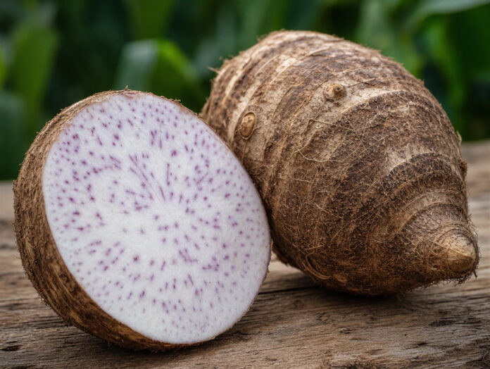 Wie schmeckt Taro Eine halbierte Taro-Knolle mit violett gesprenkeltem Fruchtfleisch neben einer ganzen Taro-Knolle