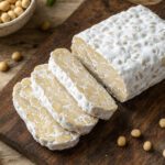 Angeschnittener Tempeh-Block zeigt die festen Sojabohnen und das weiße Myzel