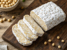 Angeschnittener Tempeh-Block zeigt die festen Sojabohnen und das weiße Myzel