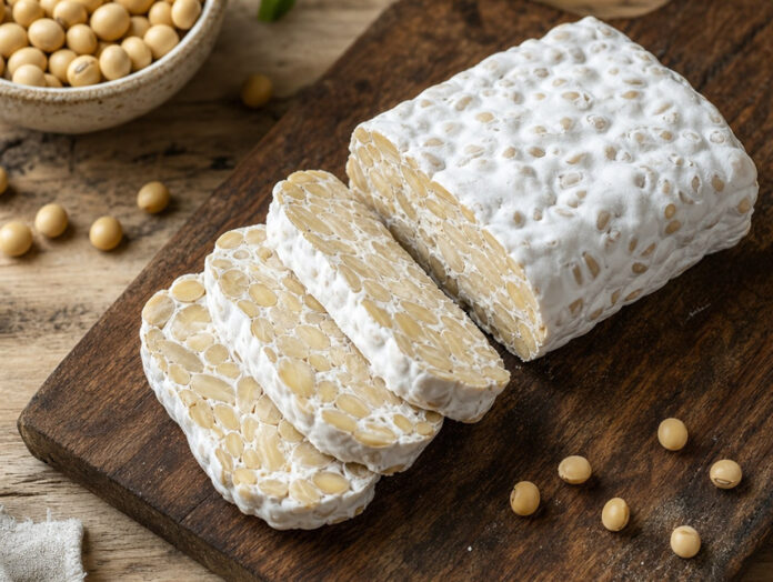 Tempeh Block angeschnitten mit Myzel Angeschnittener Tempeh-Block zeigt die festen Sojabohnen und das weiße Myzel