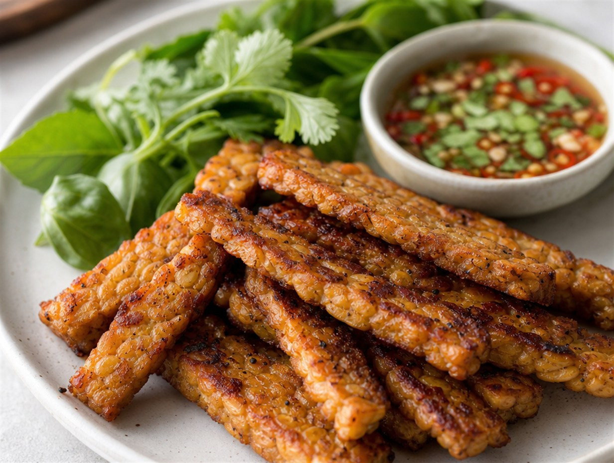 Goldbraun angebratene Tempeh-Streifen auf einem Teller mit frischen Kräutern