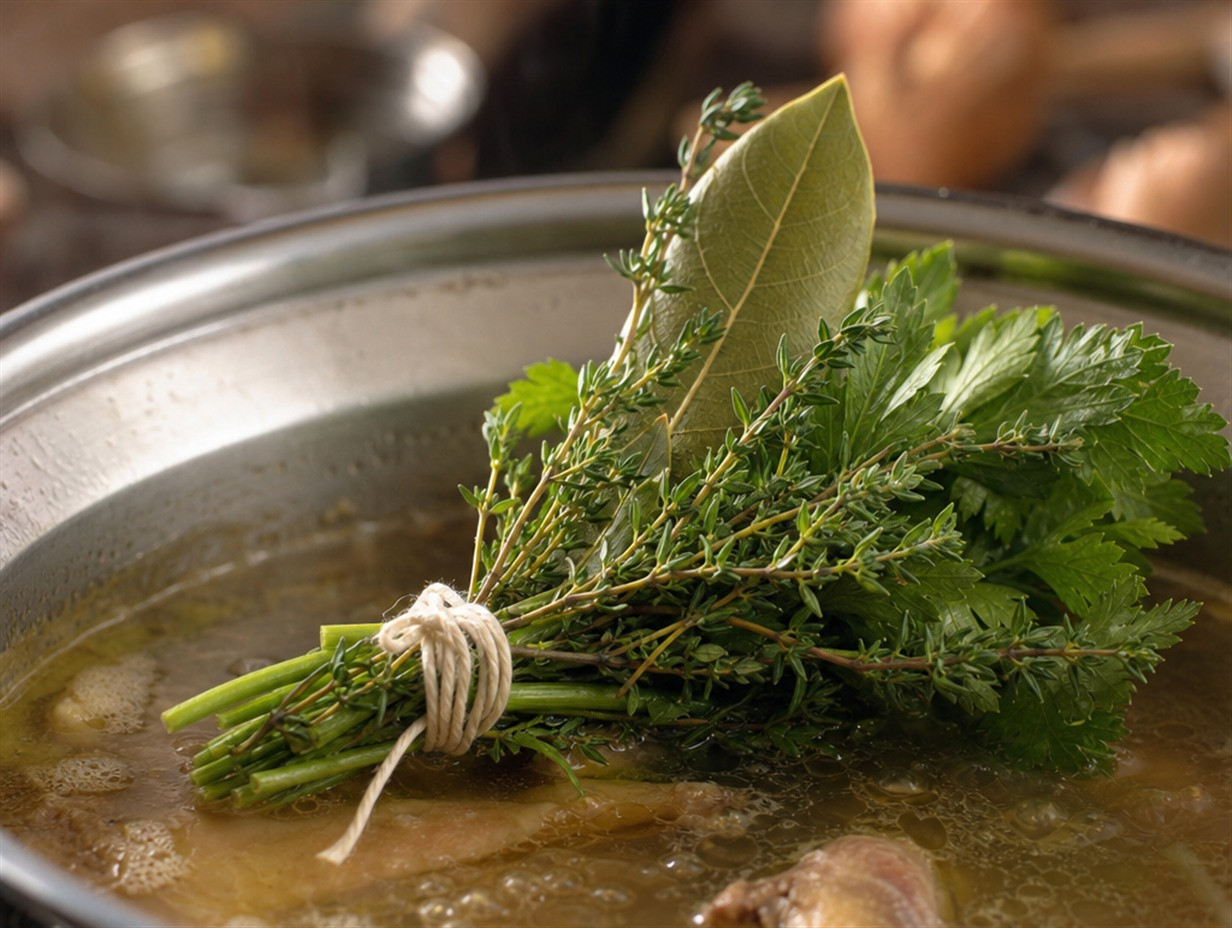 Bouquet garni aus Thymian, Lorbeer und Petersilie am Rand eines Kochtopfs