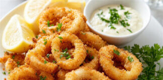 Wie schmeckt Tintenfisch (Calamari)? Frittierte Tintenfischringe (Calamari) serviert mit Zitronenspalten und Aioli