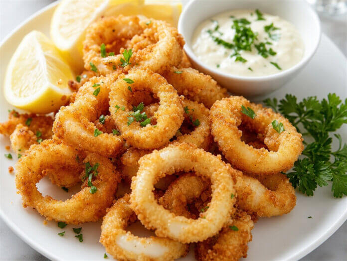 Frittierte Tintenfischringe mit Zitrone und Aioli Frittierte Tintenfischringe (Calamari) serviert mit Zitronenspalten und Aioli