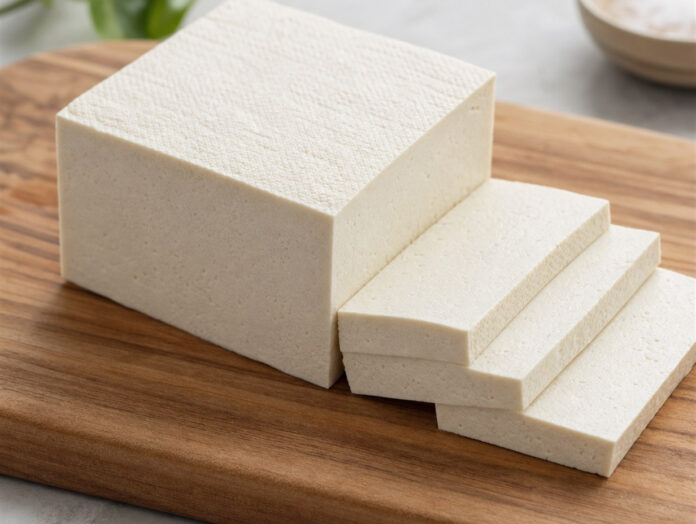Tofu auf einem Schneidebrett Ein Block Tofu teilweise in Scheiben geschnitten auf einem Schneidebrett