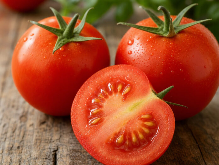 Halbierte reife Tomate mit sichtbaren Kernen neben ganzen Tomaten