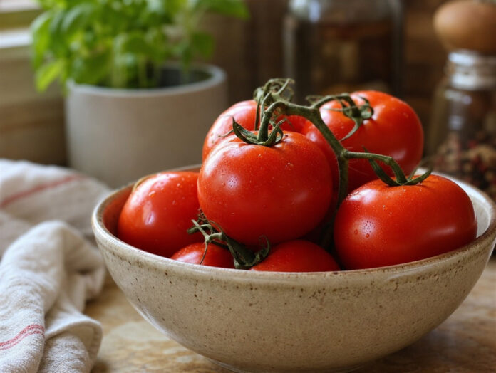 Tomaten bei Zimmertemperatur Reife Tomaten lagern offen in einer Schale bei Zimmertemperatur