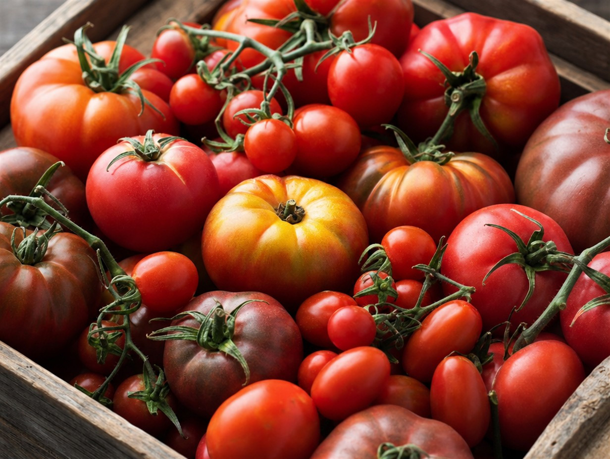 Verschiedene reife Tomatensorten in einer Holzkiste