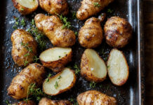 Wie schmeckt Topinambur? Geröstete Topinambur-Knollen auf einem Backblech mit Thymian und Meersalz