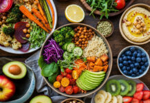 Was sind Veganer? Bunte Auswahl an pflanzlichen, veganen Gerichten von oben fotografiert