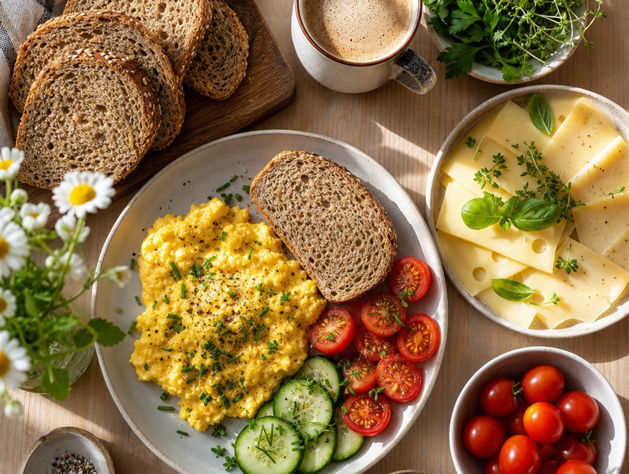 Vegetarisches Frühstück mit Rührei, Käse, Vollkornbrot und frischem Gemüse