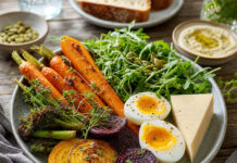 Was sind Vegetarier? Bunt angerichtetes vegetarisches Gericht mit geröstetem Gemüse, Käse und Eiern