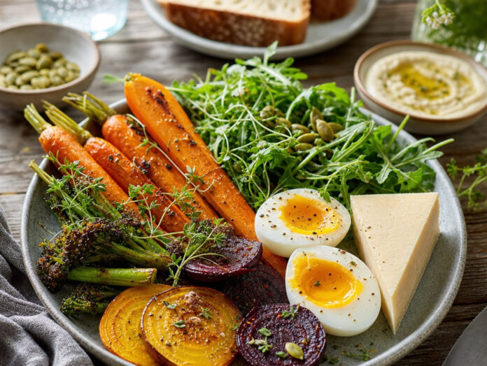 Vegetarisches Gericht mit Gemüse, Käse und Eiern Bunt angerichtetes vegetarisches Gericht mit geröstetem Gemüse, Käse und Eiern