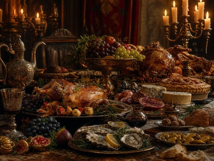 Ein üppig gedeckter Festtisch mit viel Essen im klassischen Gemäldestil