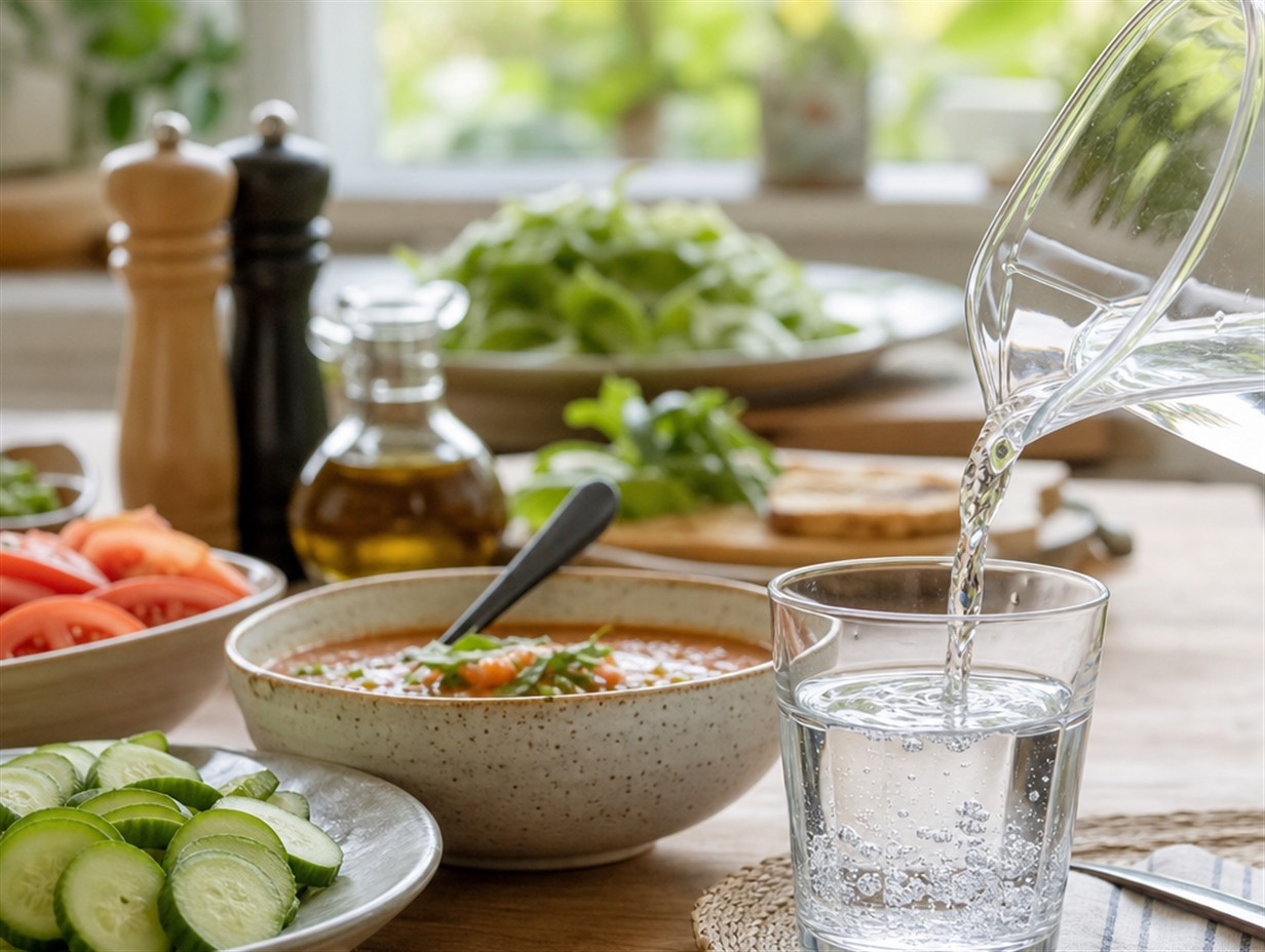Wasserglas neben wasserreichen Lebensmitteln