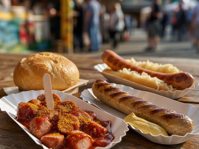 Currywurst und Bratwurst auf einem Tisch bei einem Volksfest
