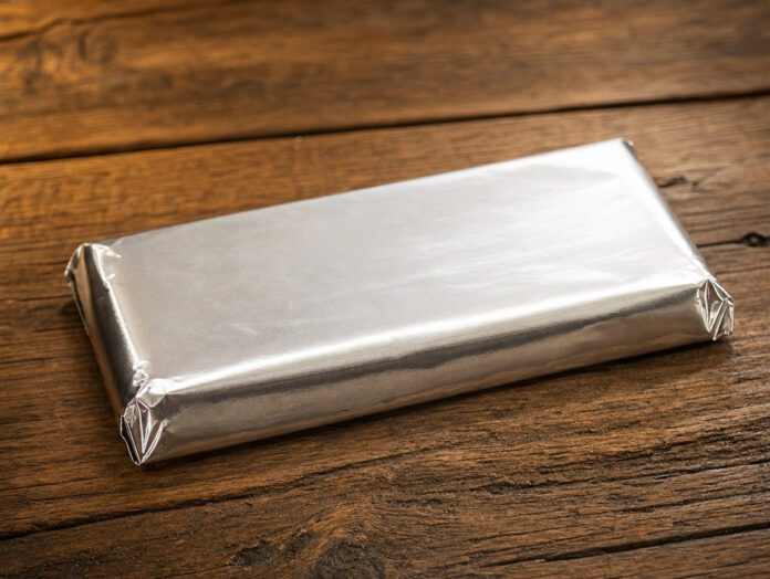 Eine in Folie verpackte Schokoladentafel