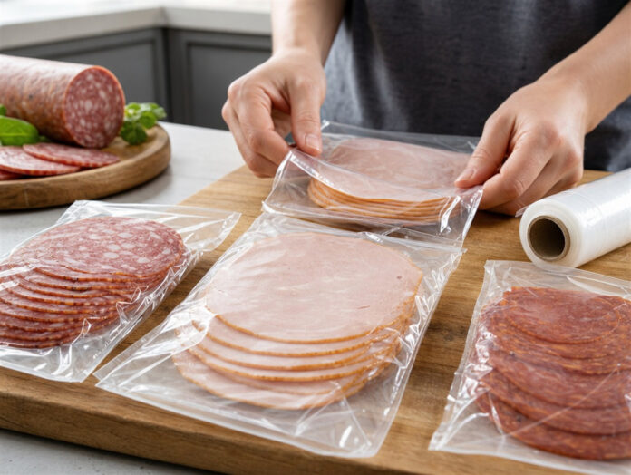 Aufschnitt wird in gefrierfeste Verpackung umgefüllt