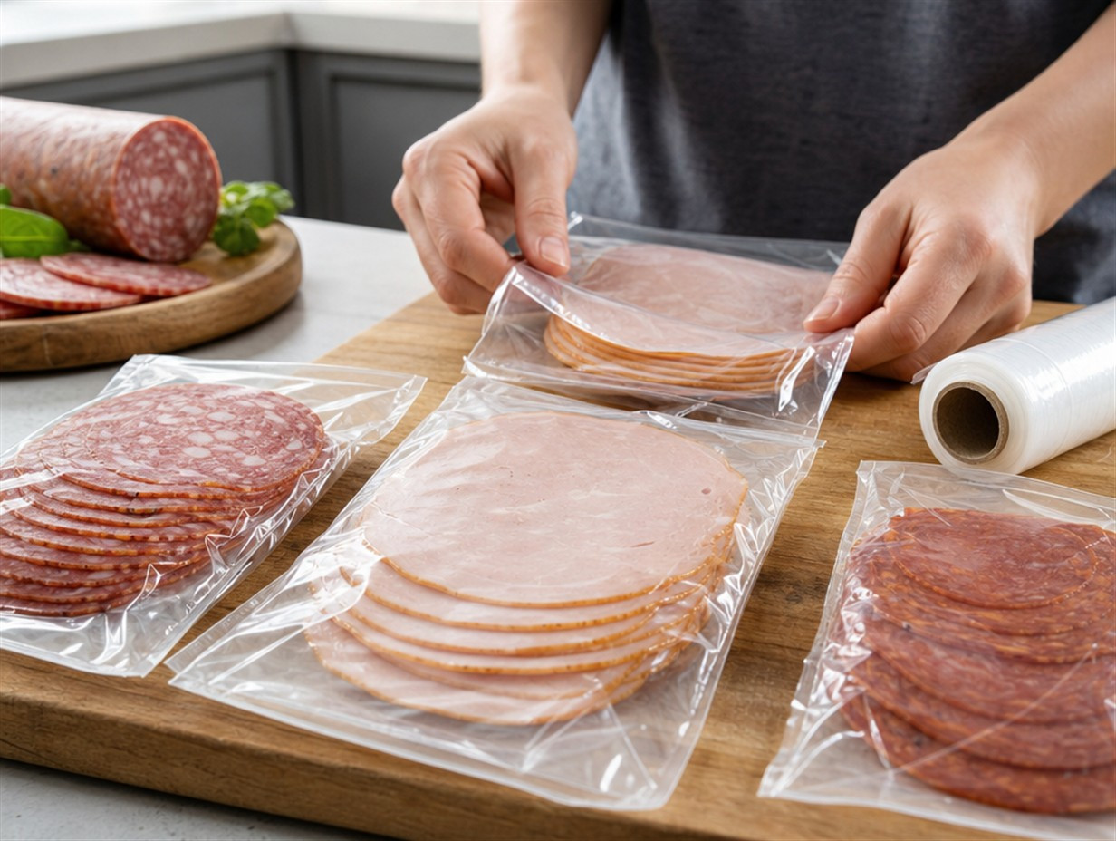Aufschnitt wird in gefrierfeste Verpackung umgefüllt