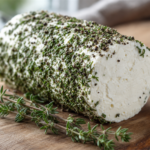 Frischer Ziegenkäse mit Kräutern auf einem Holzbrett