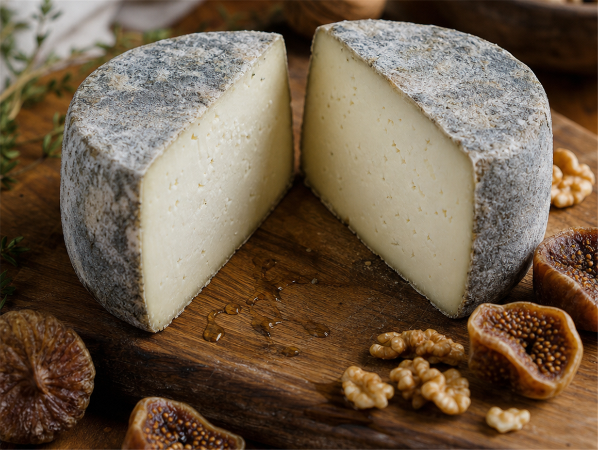 Aufgeschnittener, gereifter Ziegenkäse mit fester Rinde auf einer Käseplatte mit Feigen und Walnüssen