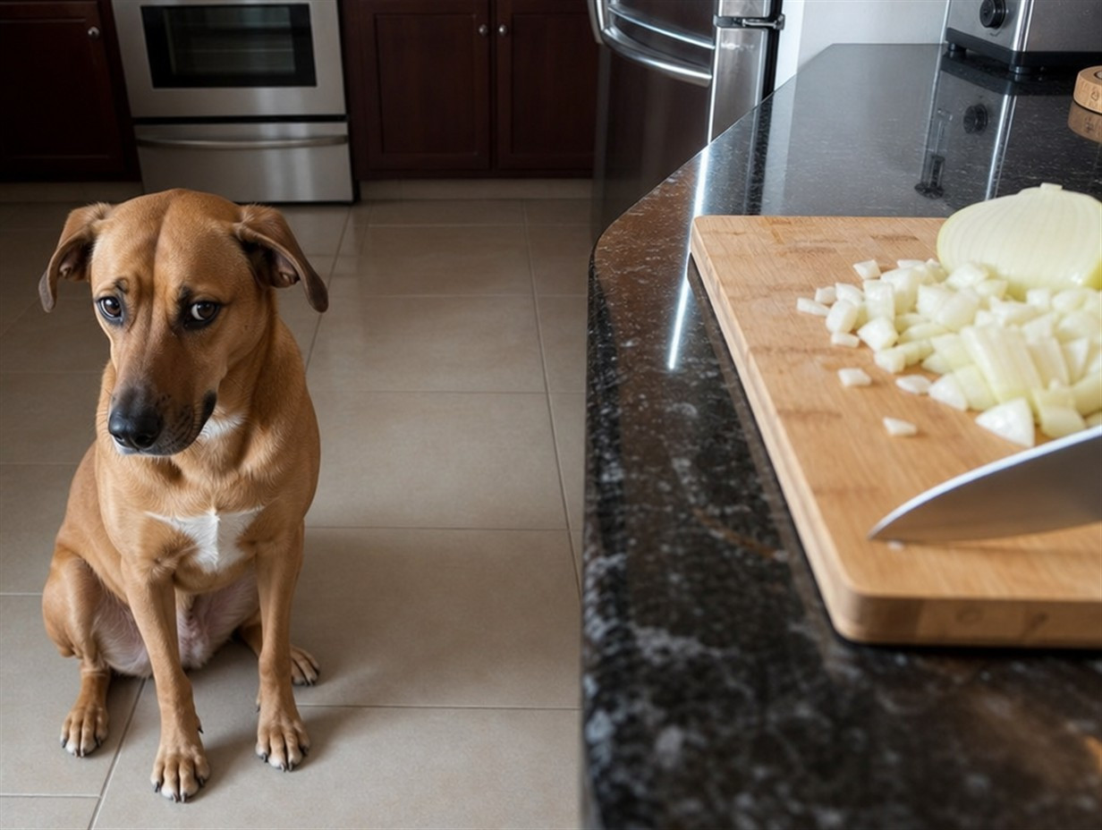 Ein Hund hält Abstand zu gehackten Zwiebeln