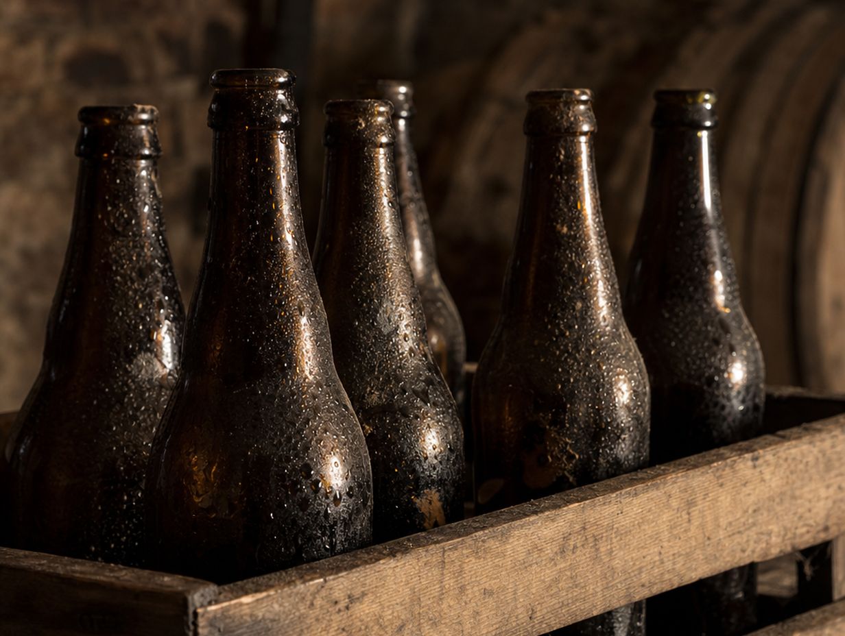 Ältere Bierflaschen in einem Holzkasten in einem dunklen Keller