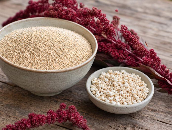 Große Schale mit winzigen hellen Amaranthkörnern neben einer kleinen Schale gepopptem Amaranth und roten Amaranthblütenrispen